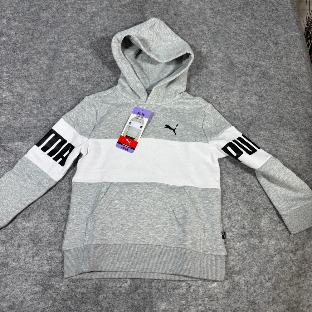 Puma Youth Hoodie Grey White Colorblock Logo Pullover XS 5-6 1518579